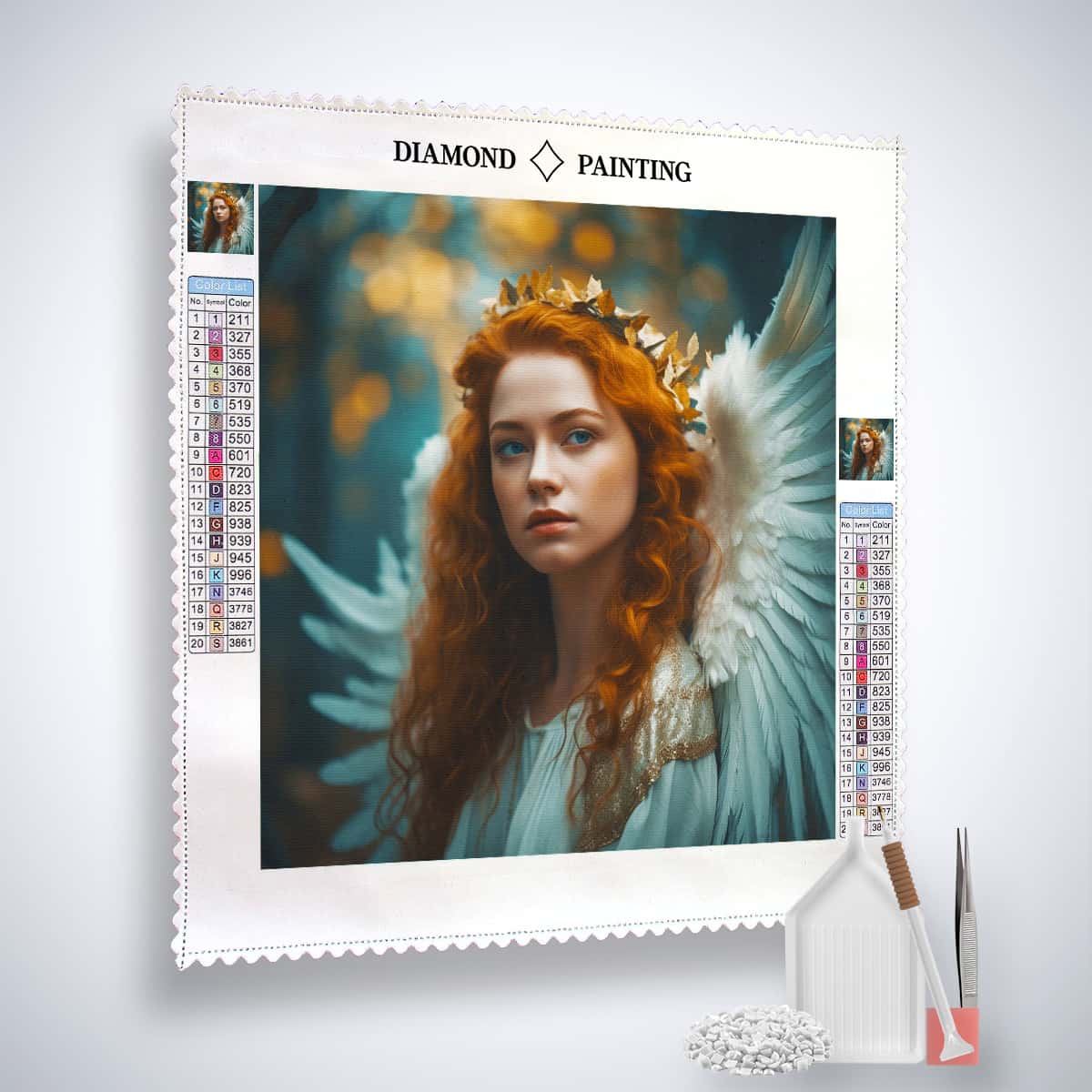 Diamond Painting Kit - Engel mit roten Haaren, Profi-Leinwand, Acryl Diamonds, Künstler-Pinzette, Setzstift, Flächensetzer.