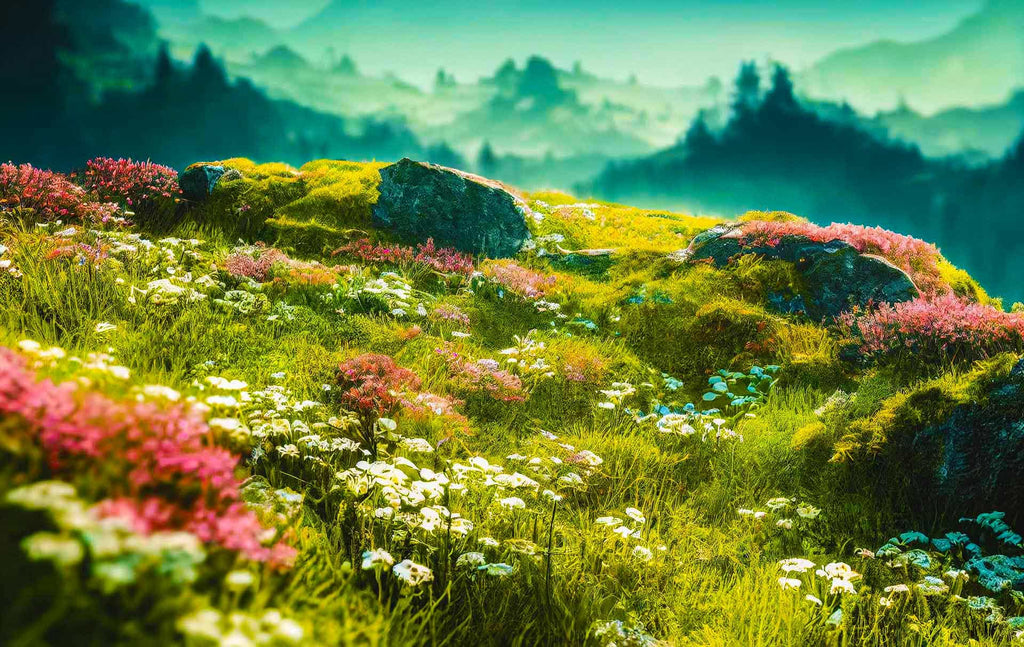 Scenic view of a colorful flower meadow with mountains in the background, perfect for painting by numbers and promoting relaxation.