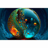 Diamond Painting - Tropfen Welt image with vibrant colors and intricate details, showcasing a mix of blue and orange elements in a spherical form.