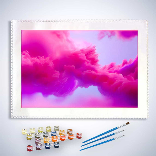 Malen nach Zahlen Set mit pinken Farbwolken, Pinseln und Farbtöpfen auf weißer Leinwand