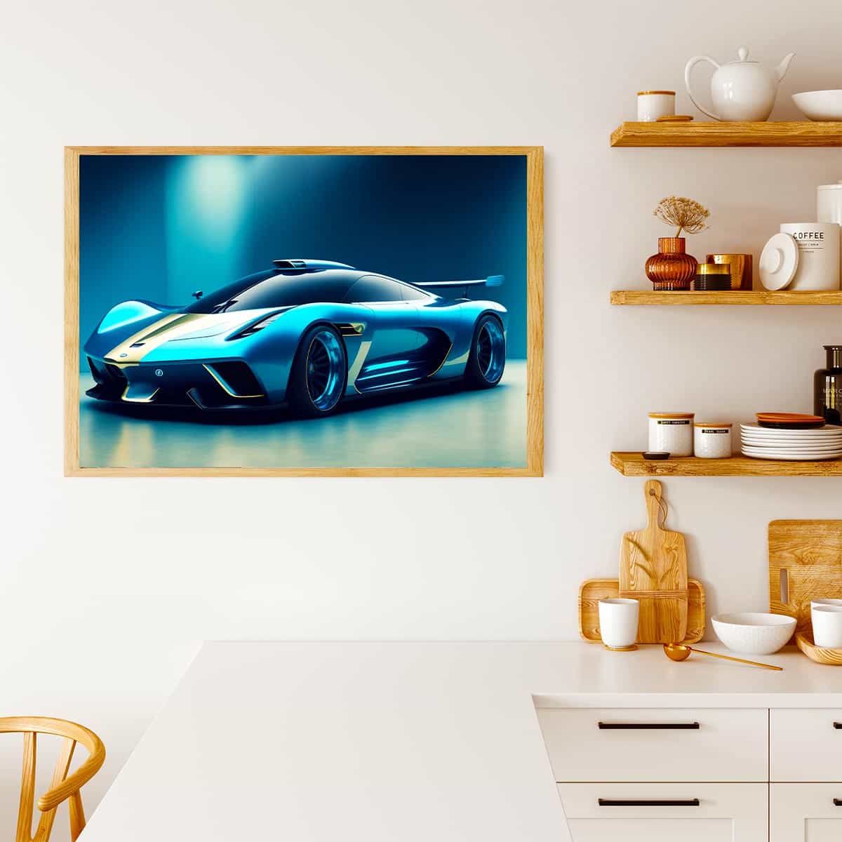 Paint by numbers kit featuring a sleek blue sports car in a modern kitchen setting, enhancing home decor.