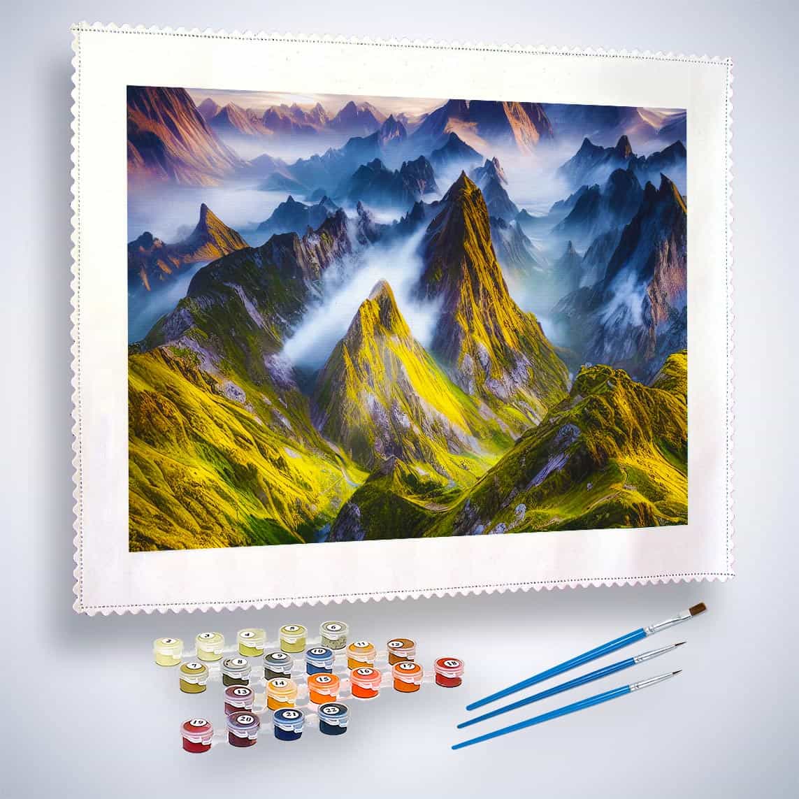 Malen nach Zahlen - Ausblick auf Berge, entspannendes Malset mit Farben und Pinseln