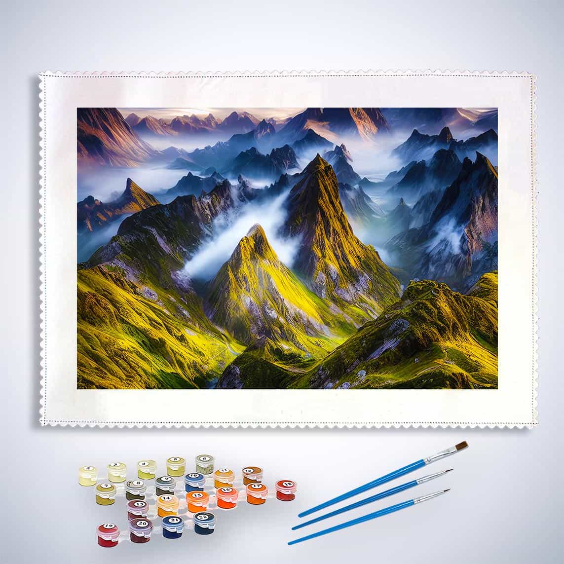 Malen nach Zahlen - Ausblick, Berge mit grünen Gipfeln, nebligem Himmel und Farbsätzen im Vordergrund