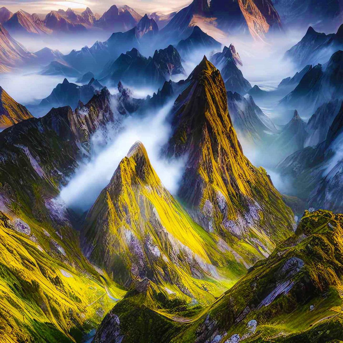 Majestic mountain landscape with lush green valleys and towering peaks shrouded in mist at sunrise.
