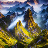 Majestic mountain landscape with lush green valleys and towering peaks shrouded in mist at sunrise.