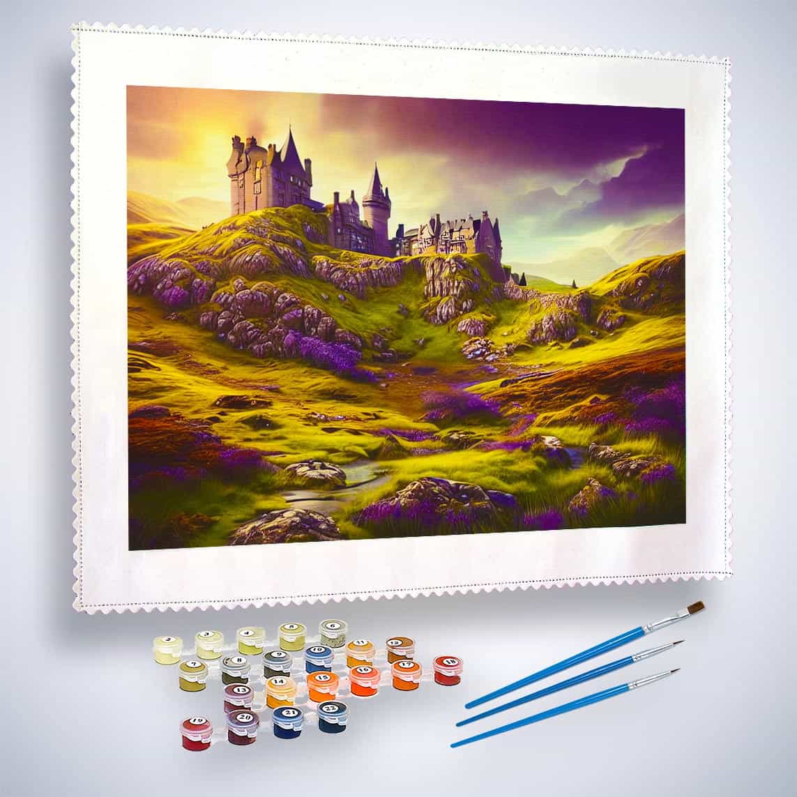 Paint by Numbers kit of a castle at sunset with colorful landscape, including canvas, paint pots, and brushes