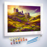 Paint by Numbers kit of a castle at sunset with colorful landscape, including canvas, paint pots, and brushes