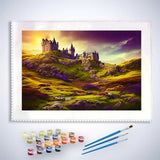 Paint by Numbers kit featuring a castle at sunset with paint and brushes included