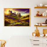 Painting of a sunset castle in the countryside displayed in a modern kitchen, illustrating the relaxing effect of Malen nach Zahlen.