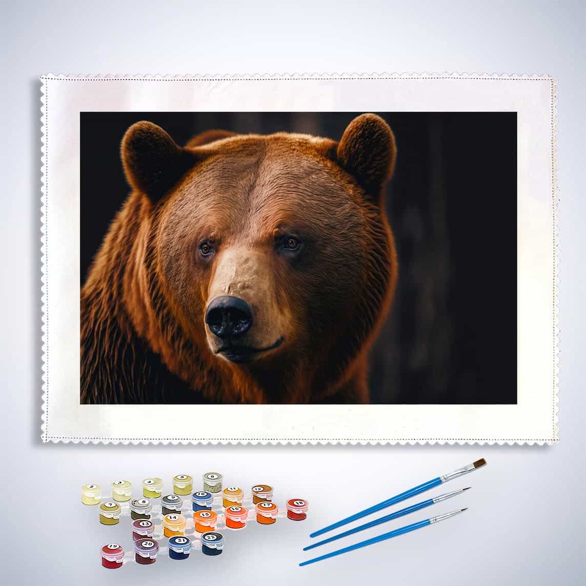 Painting by numbers kit featuring a detailed portrait of a brown bear with included paints and brushes