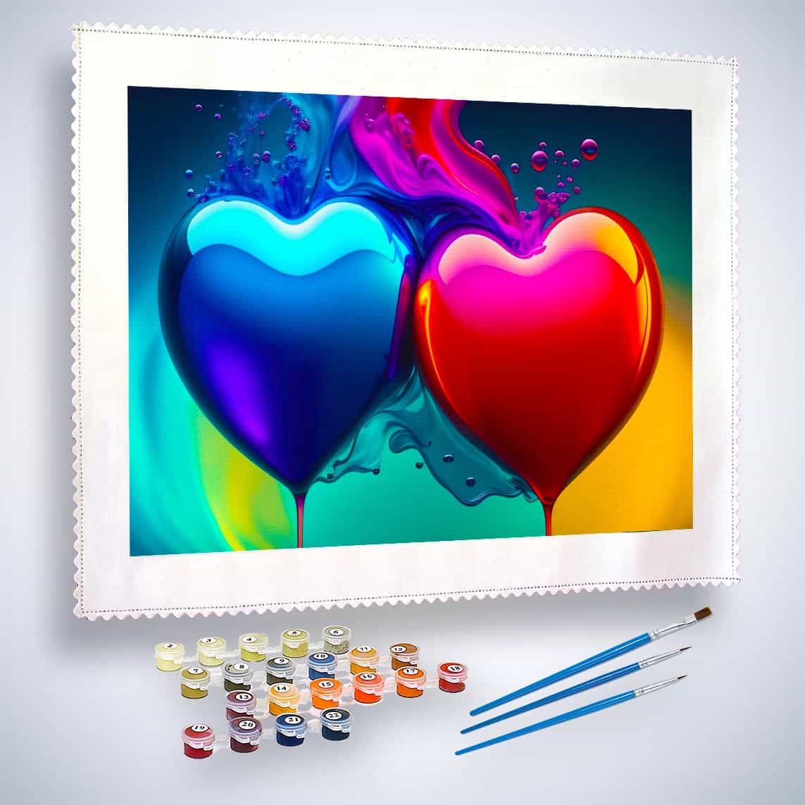 Paint by numbers kit with blue and red heart design, including paint pots and brushes for a relaxing painting experience.