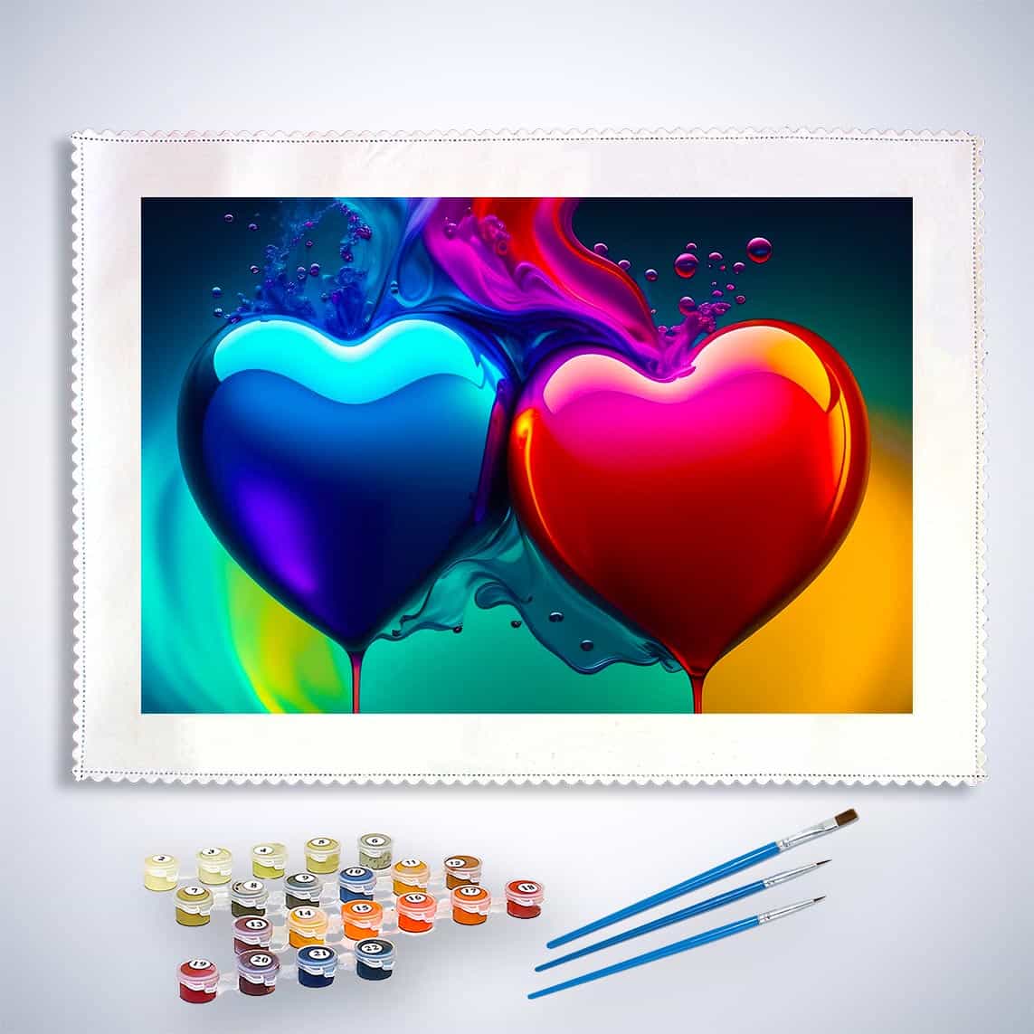 Paint by Numbers kit with blue and red heart design, includes paints and brushes