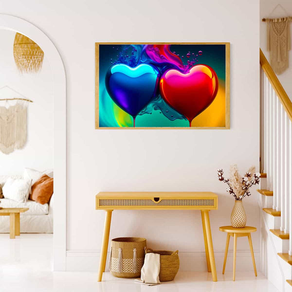 Malen nach Zahlen - Herzpärchen Blau und Rot Wandkunst in modernem Wohnzimmer.