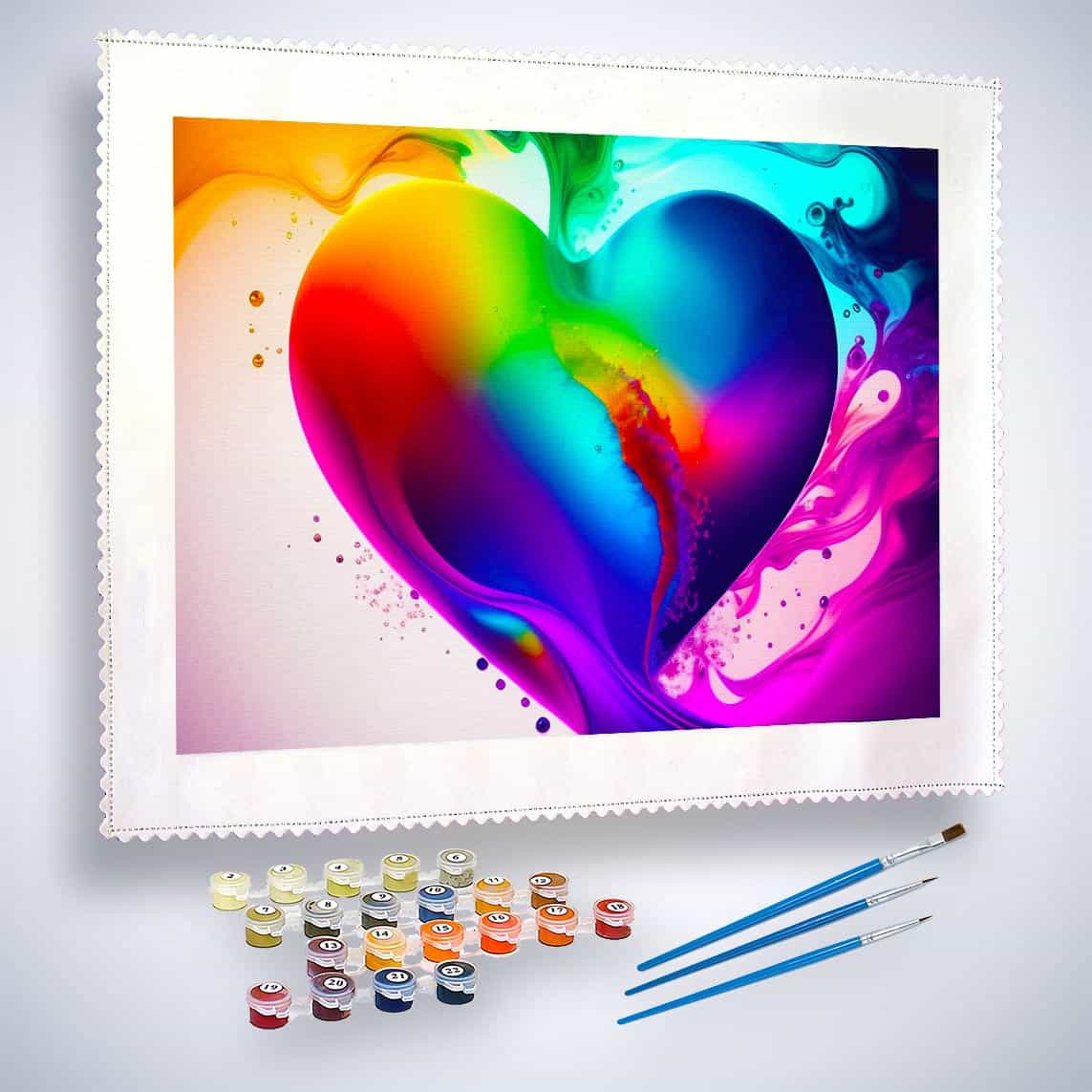 Paint by Numbers kit featuring a rainbow heart framed by swirling colorful clouds, with paint pots and brushes included