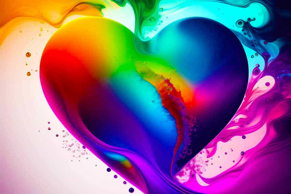 Vibrant rainbow-colored heart with swirling paint in the background, representing Malen nach Zahlen - Farbwolke, Herz for relaxing painting activities.