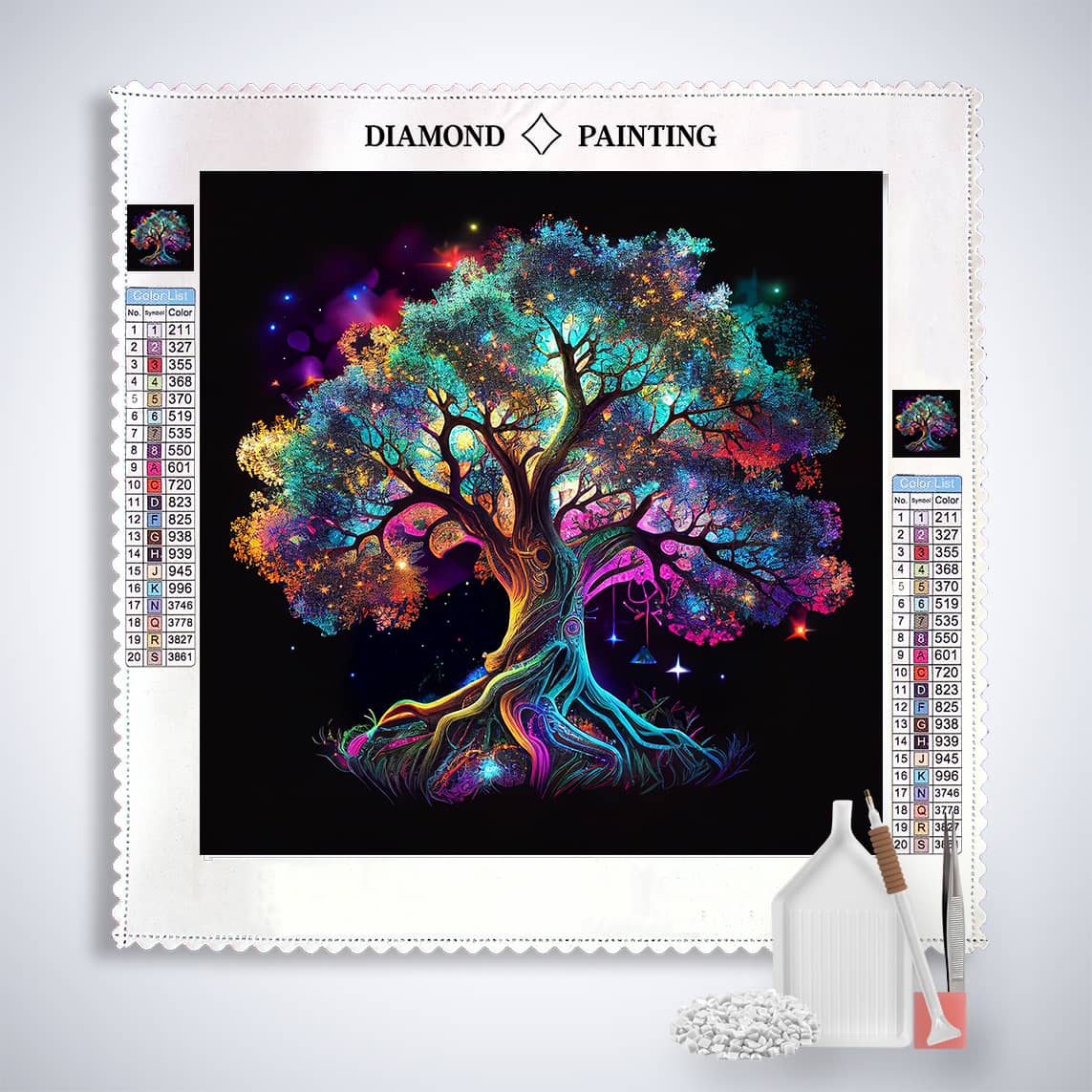 Diamond Painting Kit Lebensbaum Bunt with color-coded tree canvas, acrylic diamonds, tweezers, and applicator tools