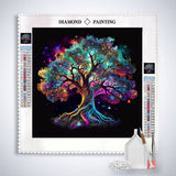 Diamond Painting Kit Lebensbaum Bunt with color-coded tree canvas, acrylic diamonds, tweezers, and applicator tools
