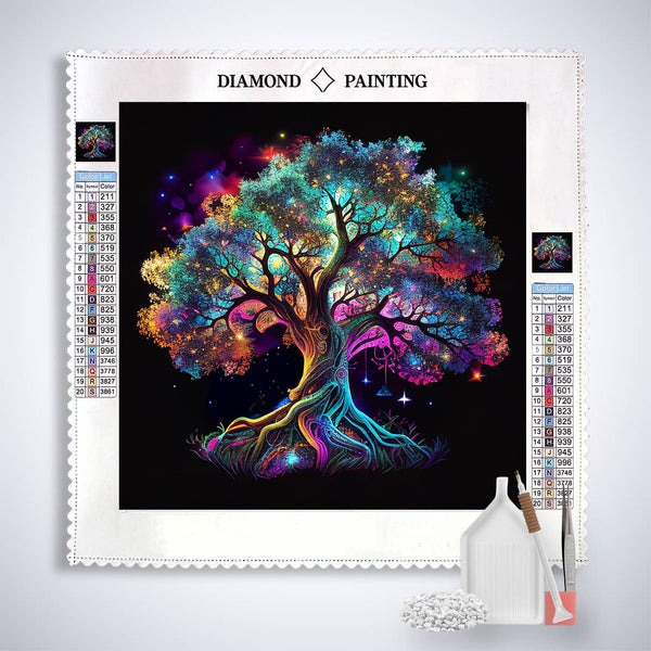 Diamond Painting Kit Lebensbaum Bunt with color-coded tree canvas, acrylic diamonds, tweezers, and applicator tools