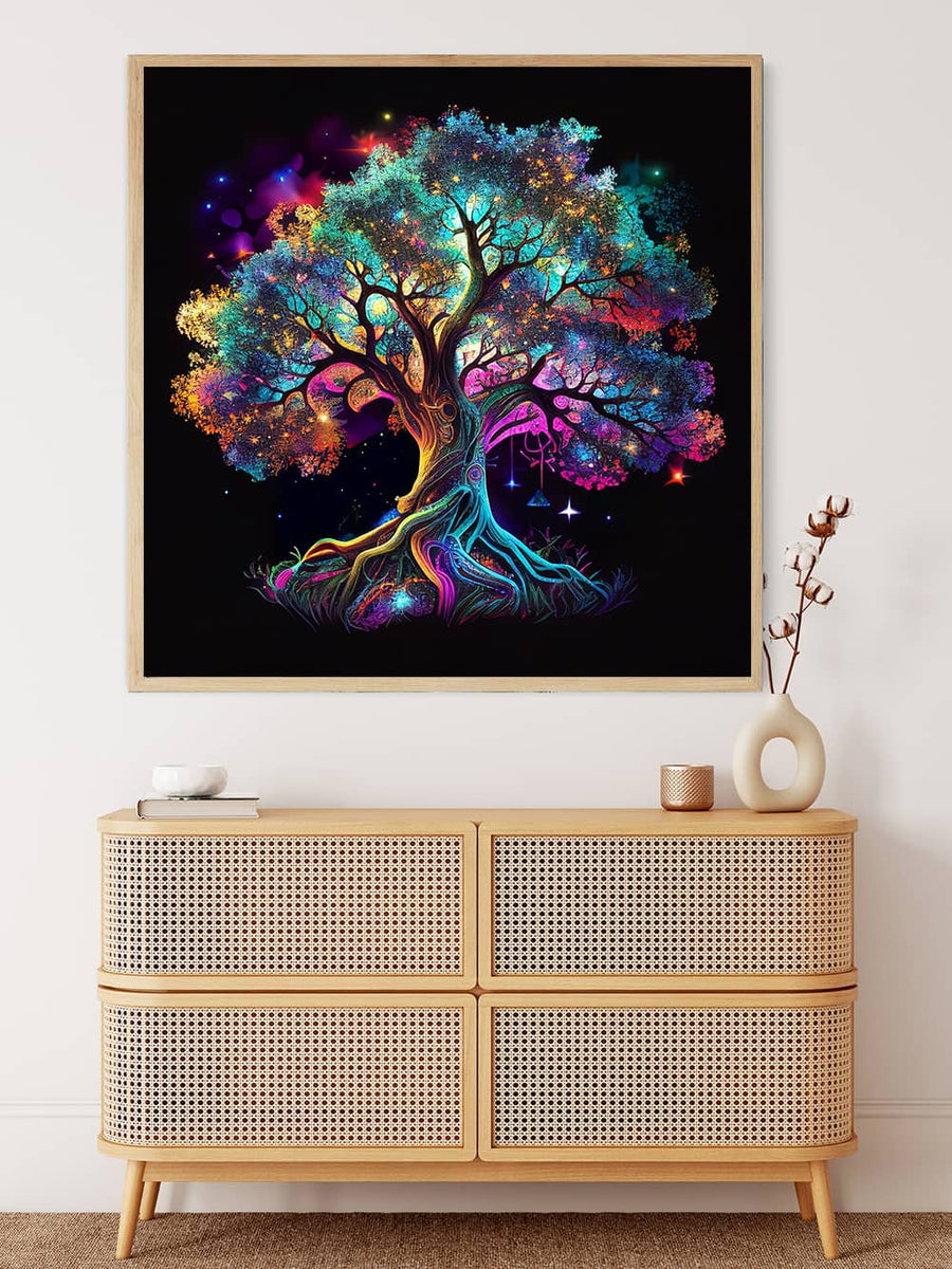 Diamond Painting - Lebensbaum Bunt artwork in modern room with rattan cabinet.