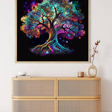 Diamond Painting - Lebensbaum Bunt artwork in modern room with rattan cabinet.