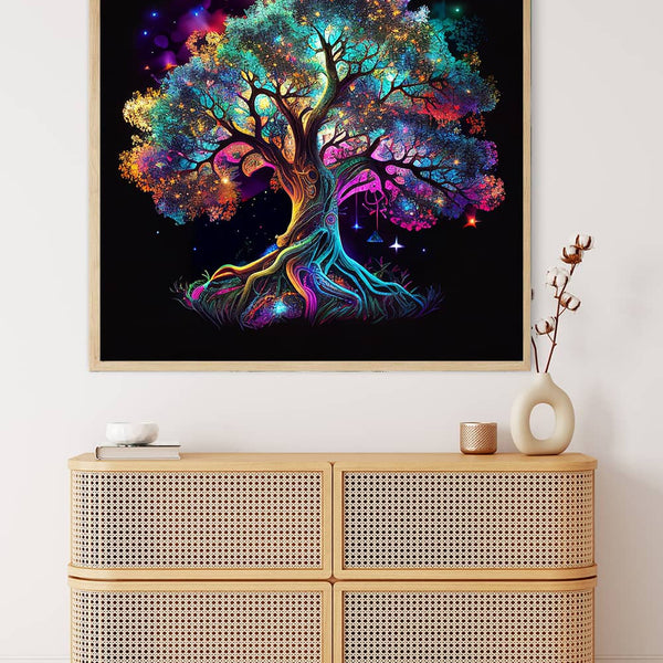 Diamond Painting - Lebensbaum Bunt artwork in modern room with rattan cabinet.