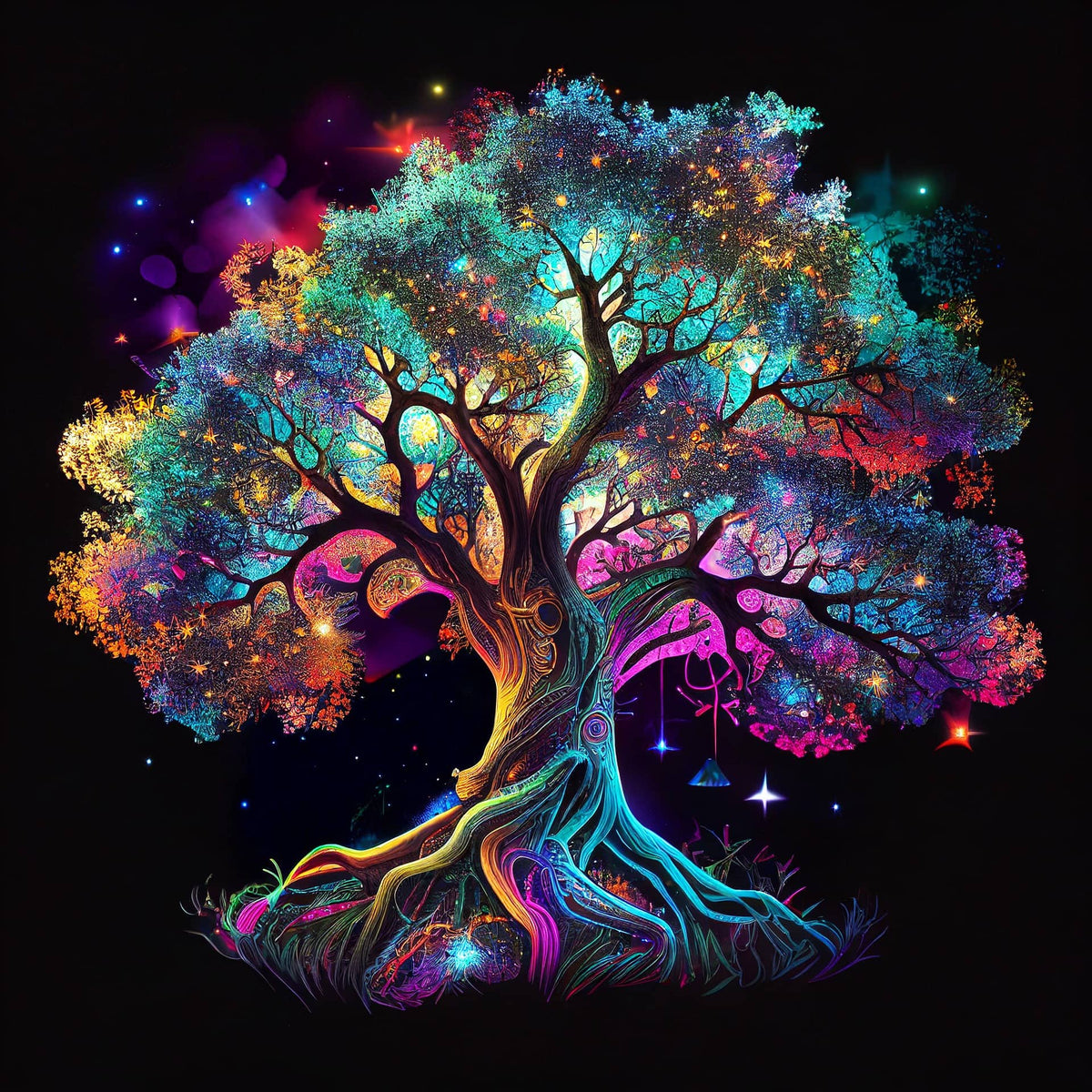 Bunter Lebensbaum auf schwarzem Hintergrund, leuchtende Farben, Malen nach Zahlen Kunstwerk