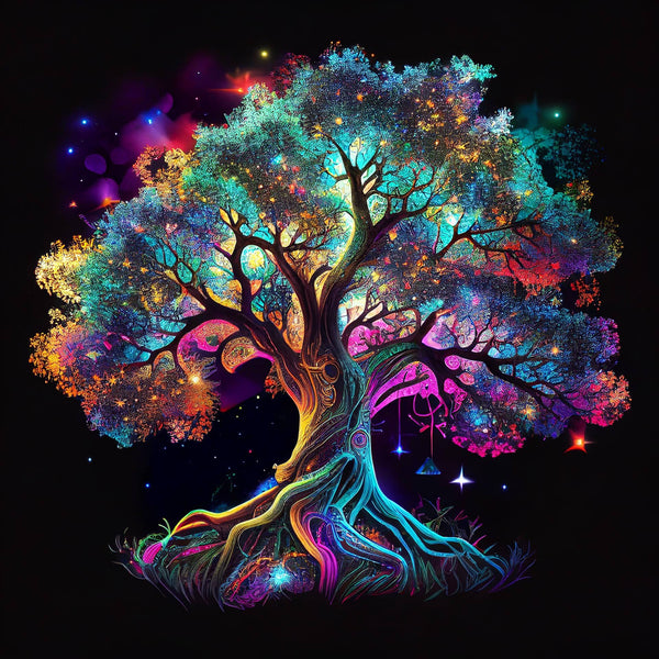Bunter Lebensbaum auf schwarzem Hintergrund, leuchtende Farben, Malen nach Zahlen Kunstwerk