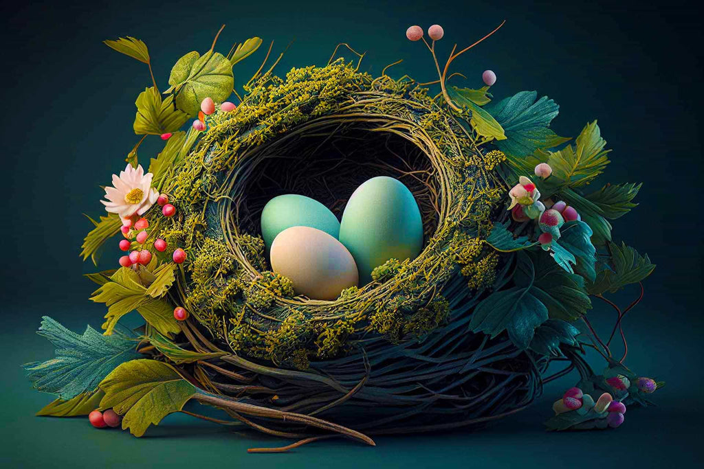 Painting by numbers - Nest with Eggs surrounded by flowers and greenery on a dark background. Relaxing and creative activity.