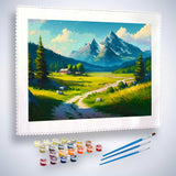 Malen nach Zahlen - Wanderweg auf den Berg, entspannendes Malset mit Pinseln und Farben vor schöner Berglandschaft.