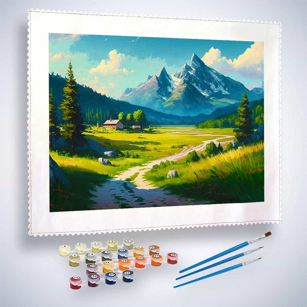 Malen nach Zahlen - Wanderweg auf den Berg, entspannendes Malset mit Pinseln und Farben vor schöner Berglandschaft.
