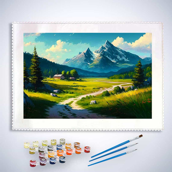 Malen nach Zahlen, Wanderweg zum Berg, idyllische Landschaft mit Farben und Pinseln