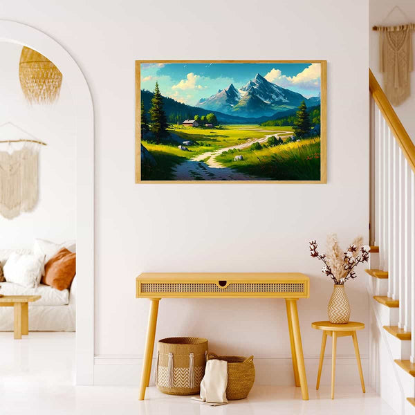 Malen nach Zahlen - Wanderweg auf den Berg, entspannende Landschaft mit Bergen und grünem Tal, moderne Wohnraumdekoration.