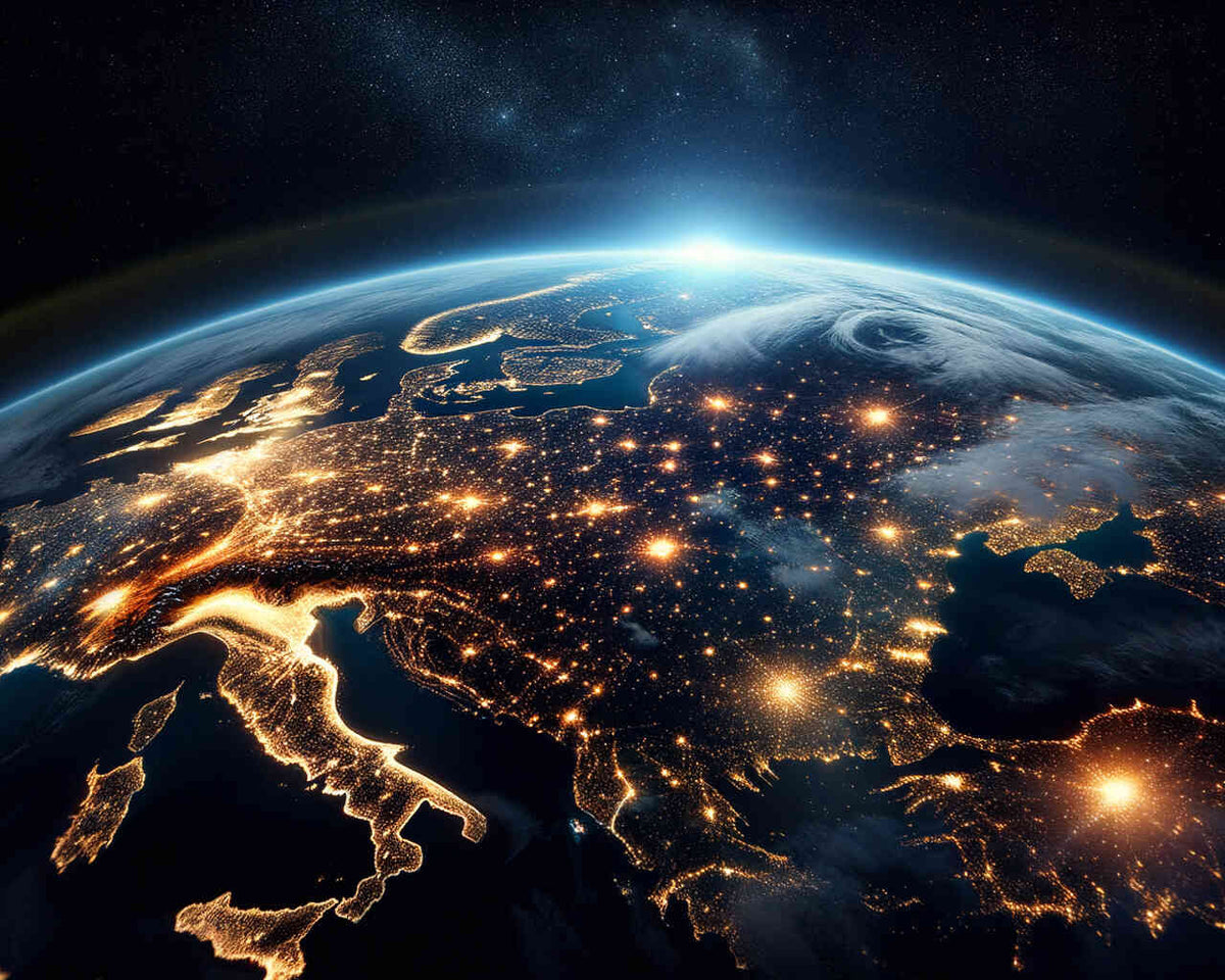 Leuchtende Erde bei Nacht, beleuchtete urbane Zentren und der magische Tiefblau des Weltraums.