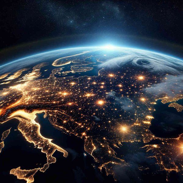 Leuchtende Erde bei Nacht, beleuchtete urbane Zentren und der magische Tiefblau des Weltraums.