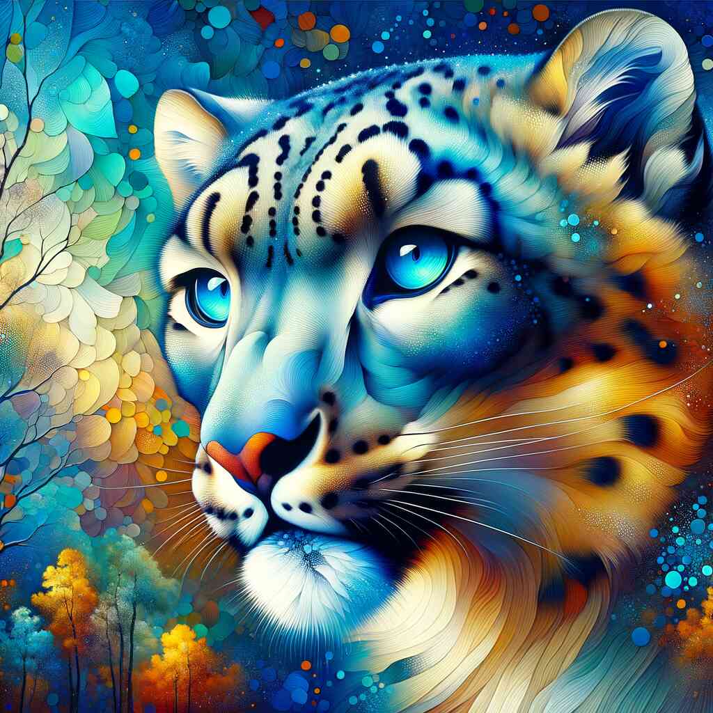 Diamond painting of a majestic snow leopard with ocean-blue eyes, surrounded by harmonious blue, turquoise, and warm autumn tones.