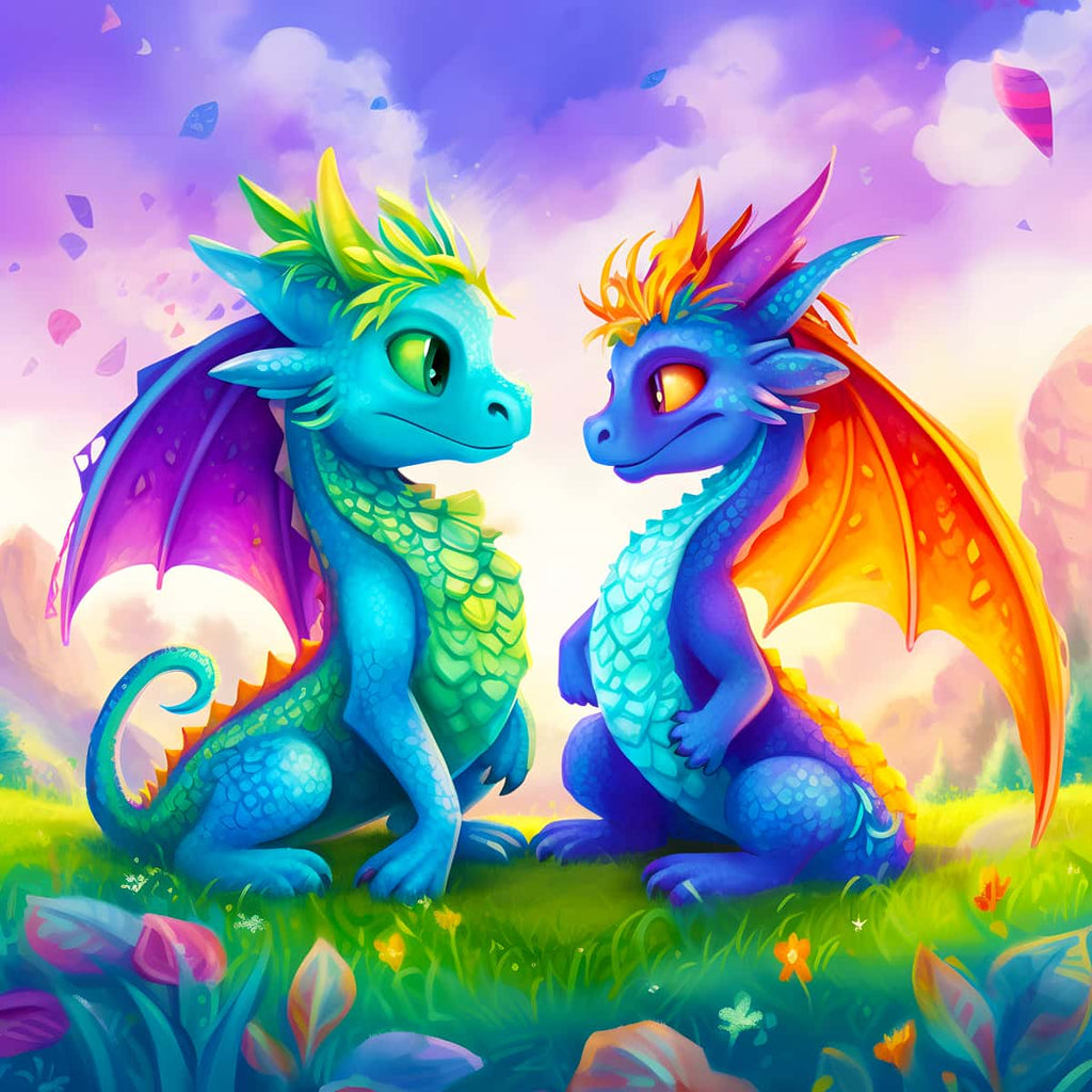 Two colorful dragons facing each other in a vibrant, fantasy landscape with lush greenery and a bright sky.