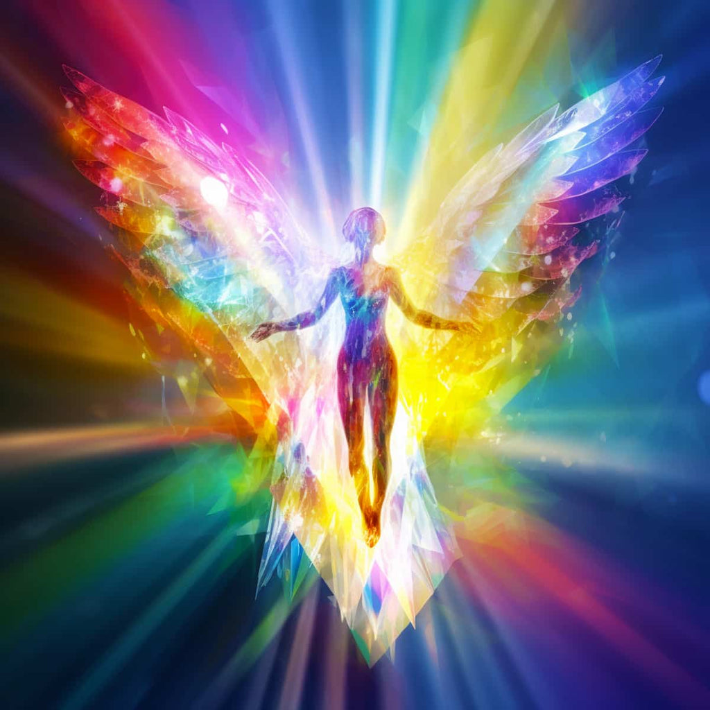 Vibrant painting by numbers of a colorful angel with rainbow wings radiating light.