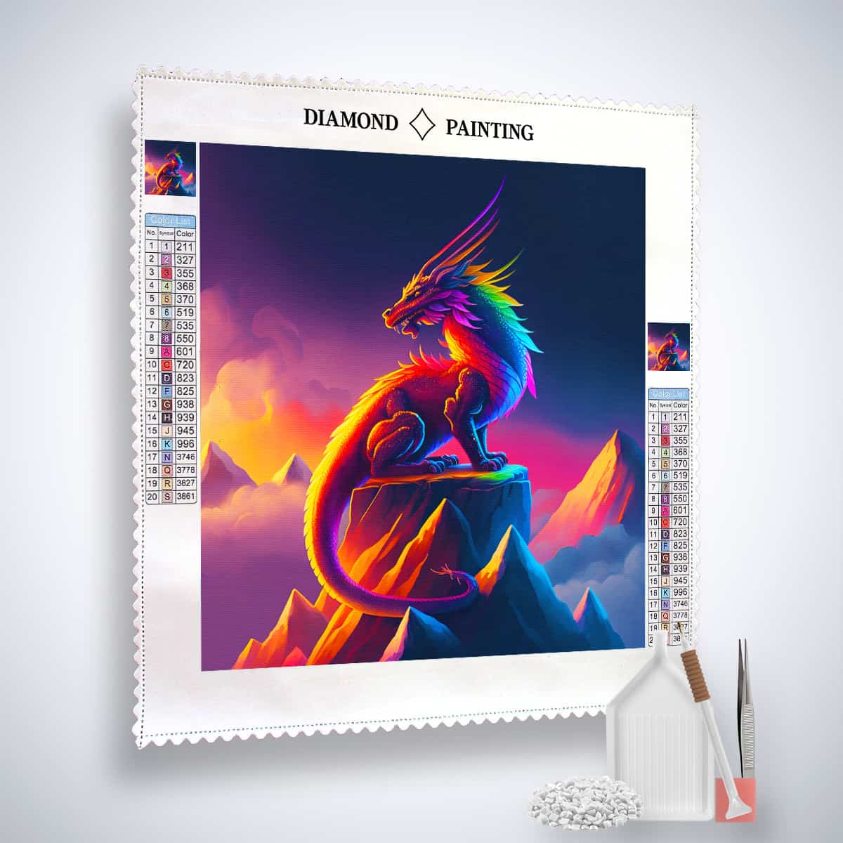 Diamond Painting Kit Drachenkrieger - Farbintensives Drachenmotiv als Profi-Leinwand mit Zubehör für funkelnde Kunst.