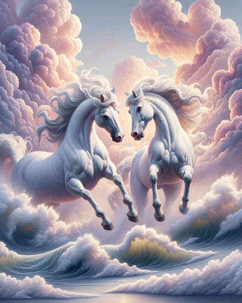 Malen nach Zahlen - Weiße Pferde und Wolkenpaar