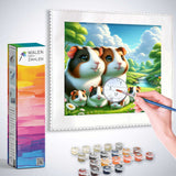 Painting by numbers illustration of guinea pigs with supplied paints and brush for Malen nach Zahlen - Zauber der Wiesenfreunde.