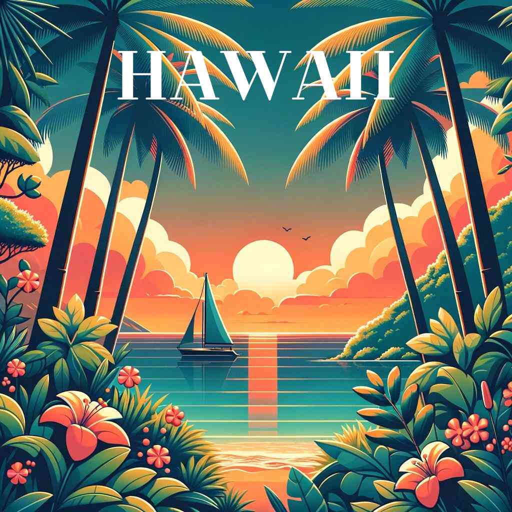 Tropical sunset scene with "Hawaii" text, featuring vibrant clouds, lush palm trees, sailboat, and ocean flowers.