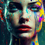 Artistic portrait of a woman with vibrant, colorful paint splatters on her face, creating an abstract and expressive look.