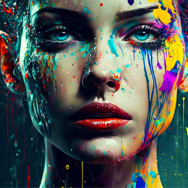Artistic portrait of a woman with vibrant, colorful paint splatters on her face, creating an abstract and expressive look.