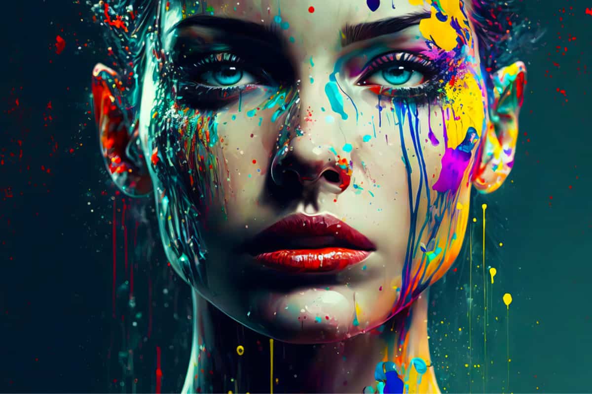 Artistic portrait of a woman with vibrant paint splashes on her face, showcasing colorful abstract art.