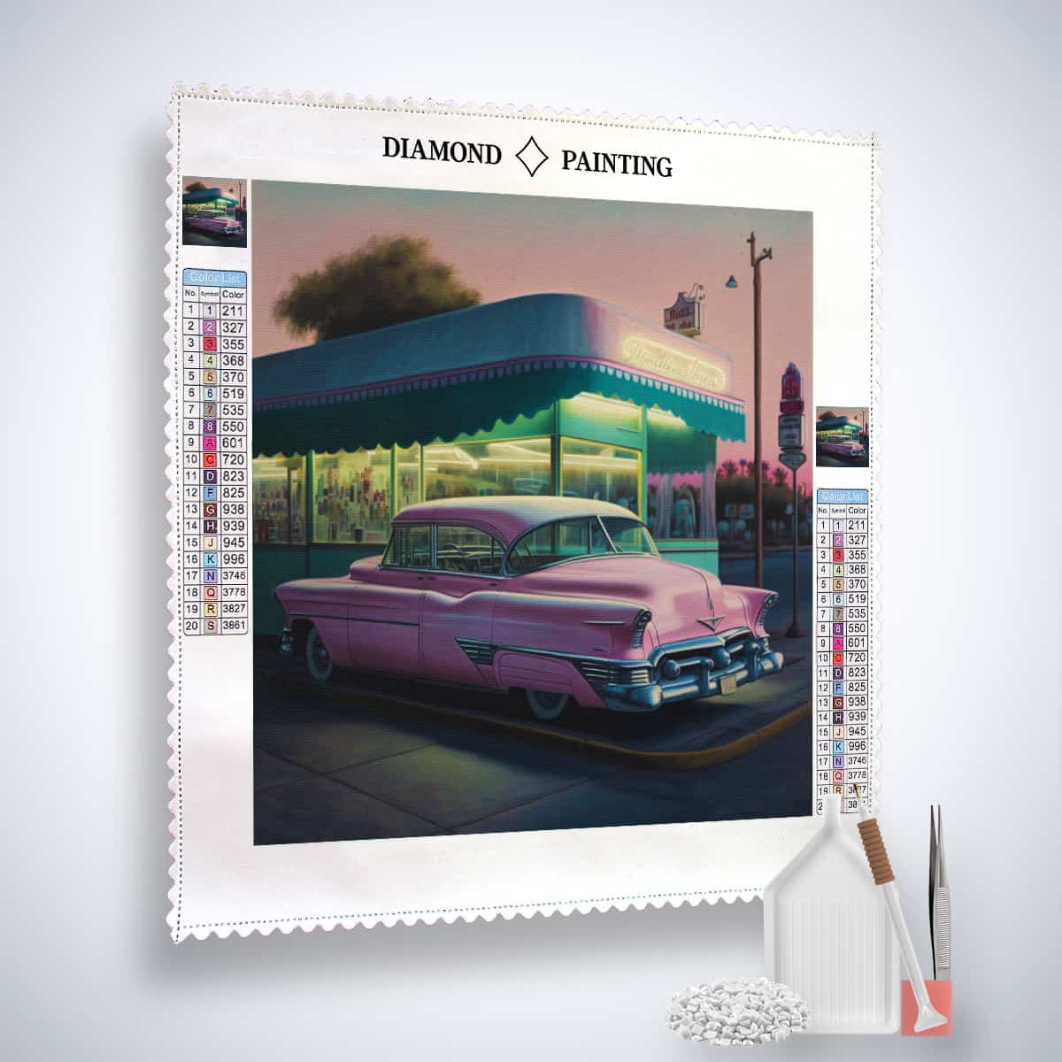 Diamond Painting Kit Nostalgische Tankstelle und Klassiker – Profi-Leinwand, Acryl Diamonds, Künstler-Pinzette, Setzstift für funkelnde Kunst