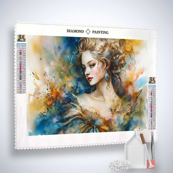 AB Diamond Painting Kit - Abstrakte Frau im Kleid - Leinwand mit blauer, gelber und oranger Kunst - Inklusive Acryl Diamonds und Werkzeuge