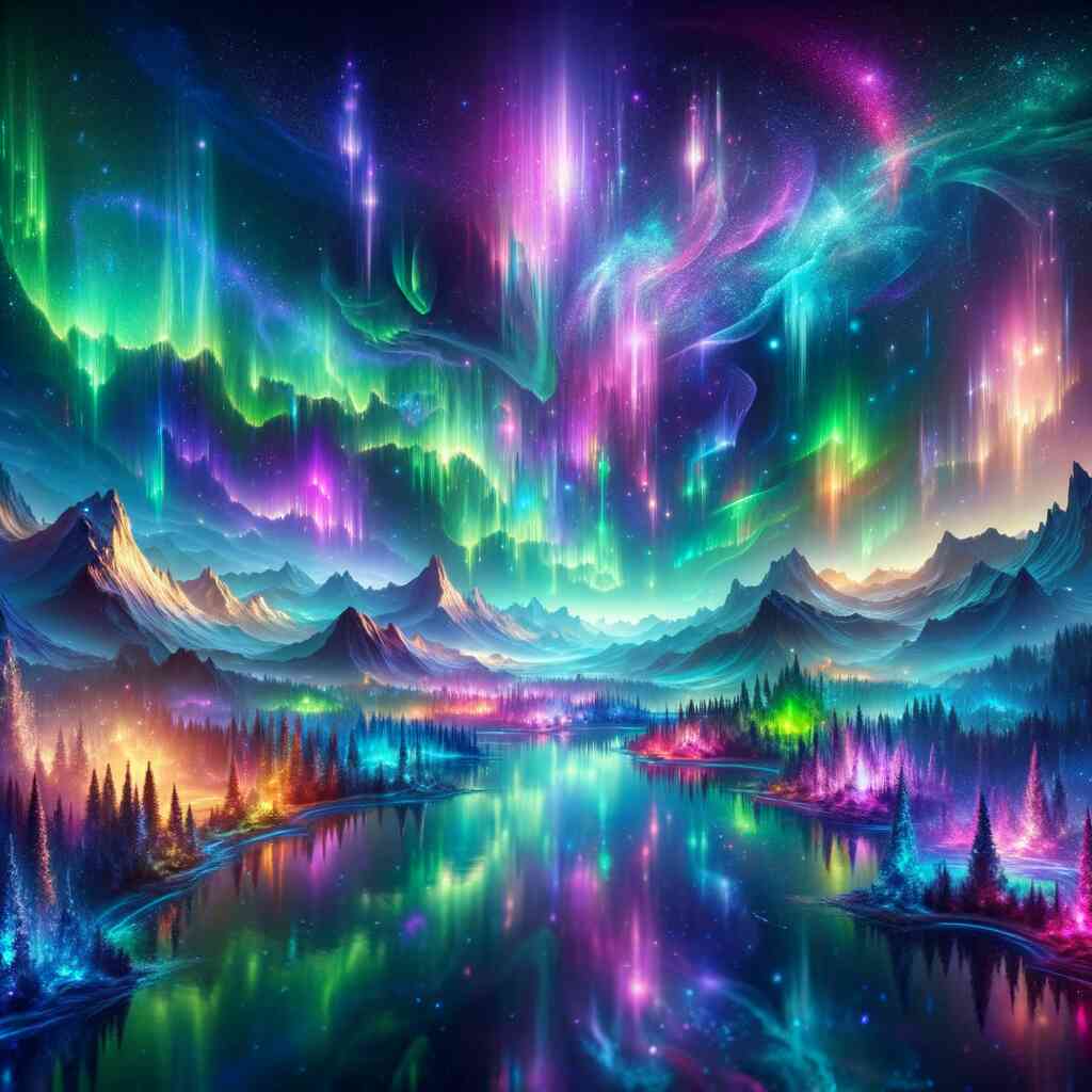 Cosmic wonder paint by numbers kit featuring a vibrant landscape with auroras, mountains, and a reflective lake.