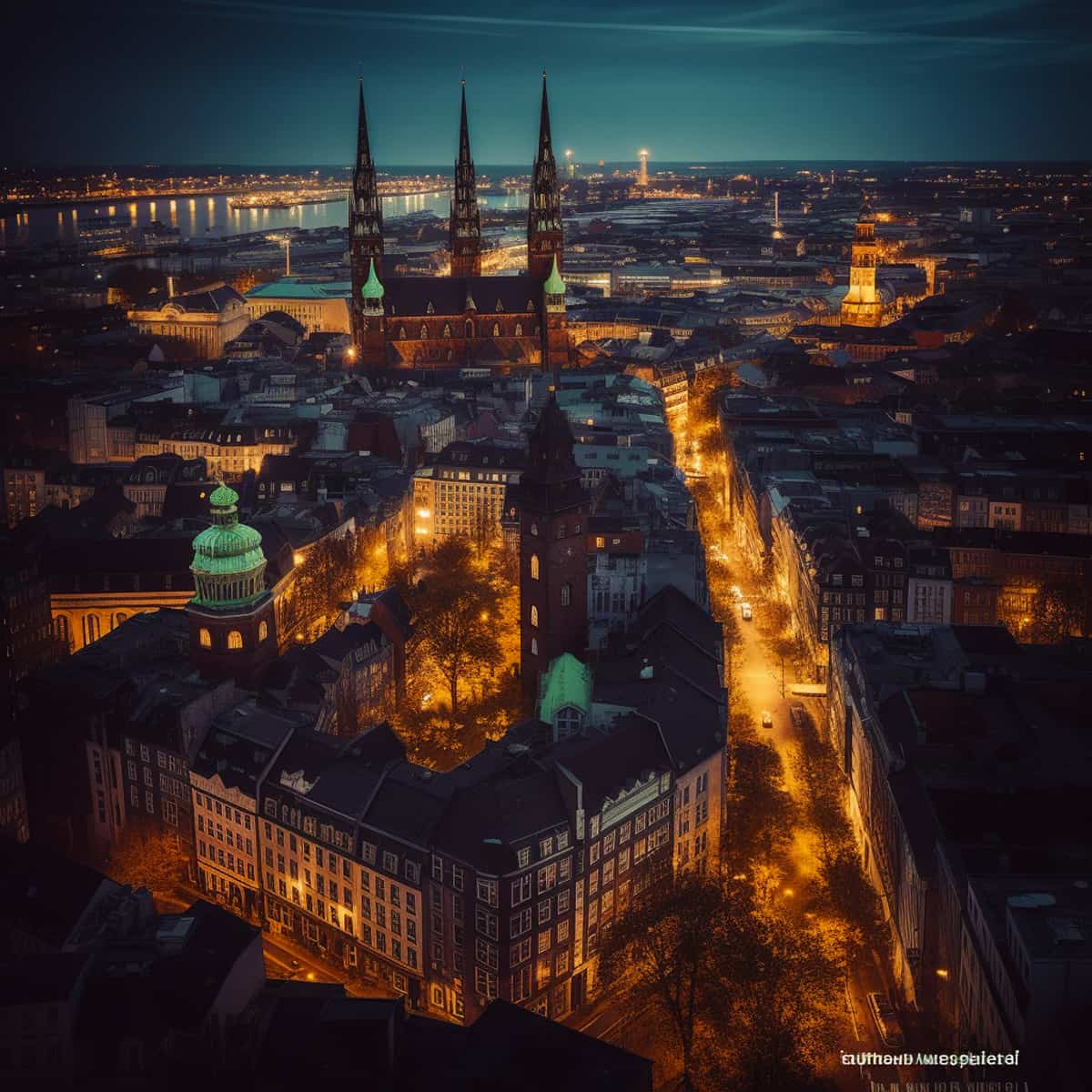 Night view of Hamburg skyline with illuminated streets and historic buildings in a paint-by-numbers art style.