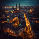 Night view of Hamburg skyline with illuminated streets and historic buildings in a paint-by-numbers art style.