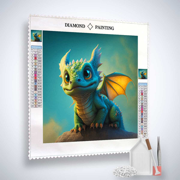 Diamond Painting Kit - Magischer Aufstieg mit kleinem Drachenmotiv und Zubehör.
